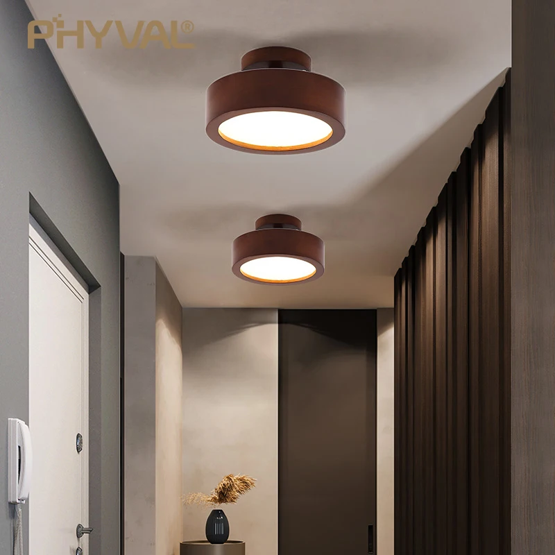 PHYVAL Nordic Natural wood Lamp modern Ceiling Lightsentrance hallway Light Round Wooden Surface Mounted balcony LED BedroomLamp