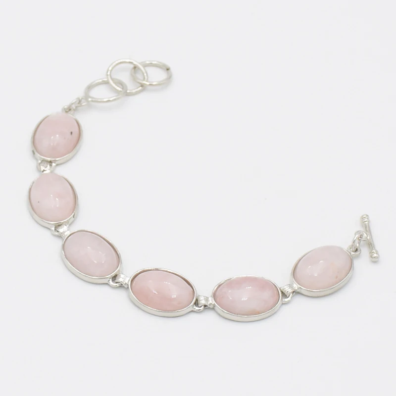 

Silver plating Natural GEM Stone Rose Pink Quartzs Crystal Oval Beads Bracelet Bangle for Women Girl Fashion Jewelry