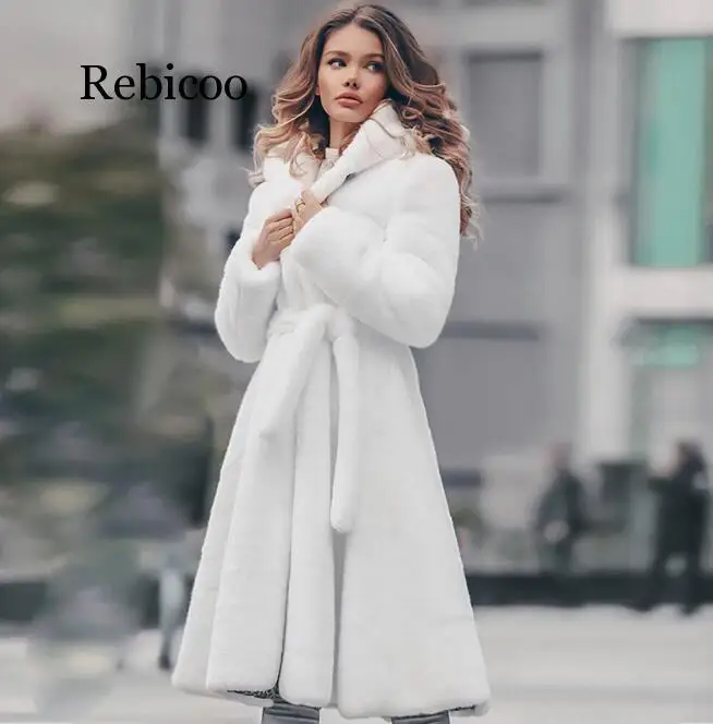 New Women White Faux Fur Long Winter Hooded Coat for Female Fashion Luxury Fake Fur Jacket