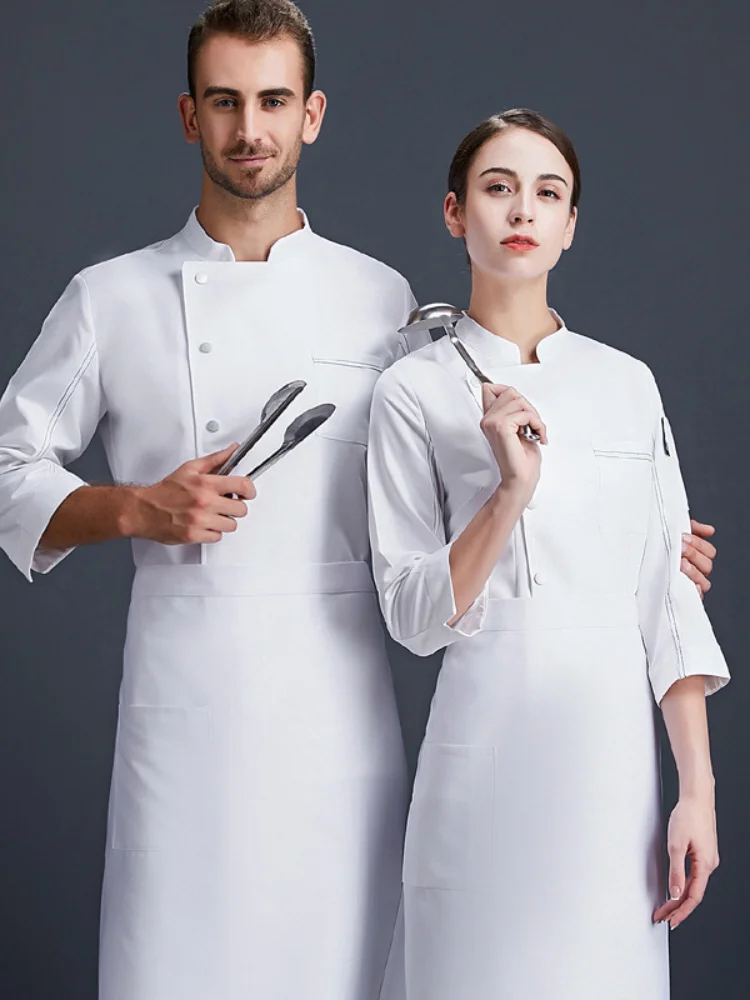 Uniforme de Chef de cuisine, vente en gros, Service alimentaire de boulangerie, vêtements de travail de cuisine, salopette respirante à simple boutonnage, hauts à col montant