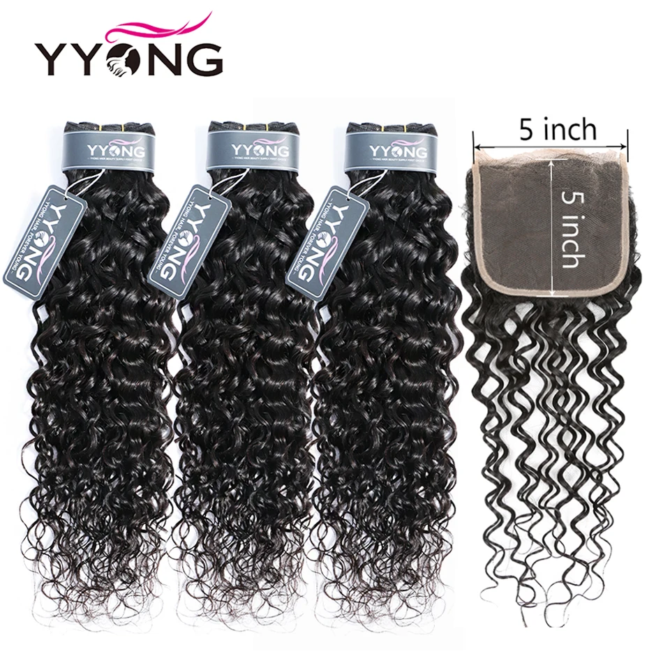 Yyong Hair 5x5 Closure With Bundles Brazilian Water Wave Bundles With Closure Remy 3/4 Bundles Human Hair Weft With Closure