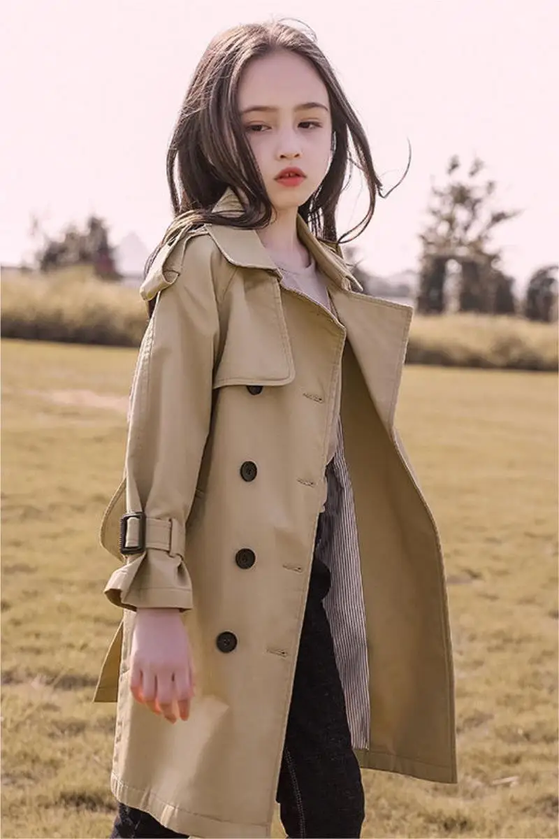 Spring Autumn Cotton Kids Girls Long Trench Coats Fashion England Style Windbreaker Jacket For Girls Cott Children Clothing