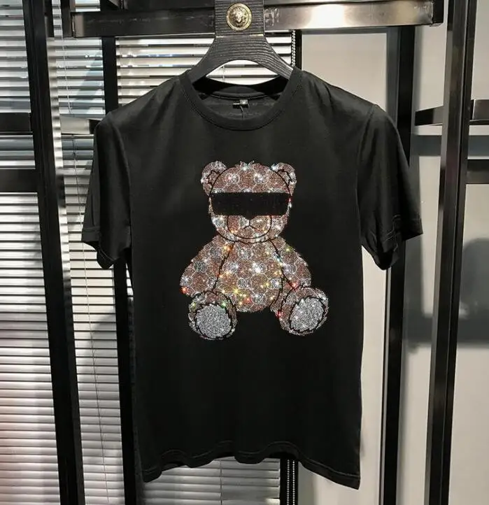 M-5XL Skull Rhinestones T Shirts Men Summer top tees O Neck Slim fit Tshirts high quality