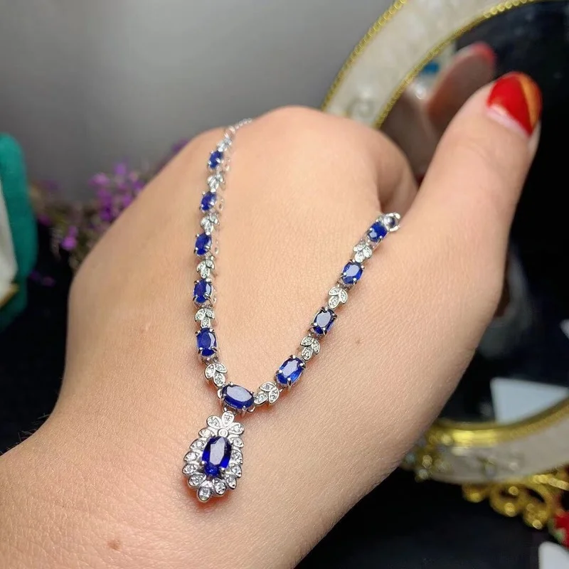 New Natural Sapphire Necklace 925 Silver Women's Necklace High-end Atmosphere Luxury Design Banquet Party Jewelry