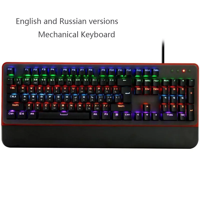 Mechanical Gaming Russian And English Keyboard With Glowing character ,Multicolor LED Backlit  Wired with Blue Switch,Hand Rest