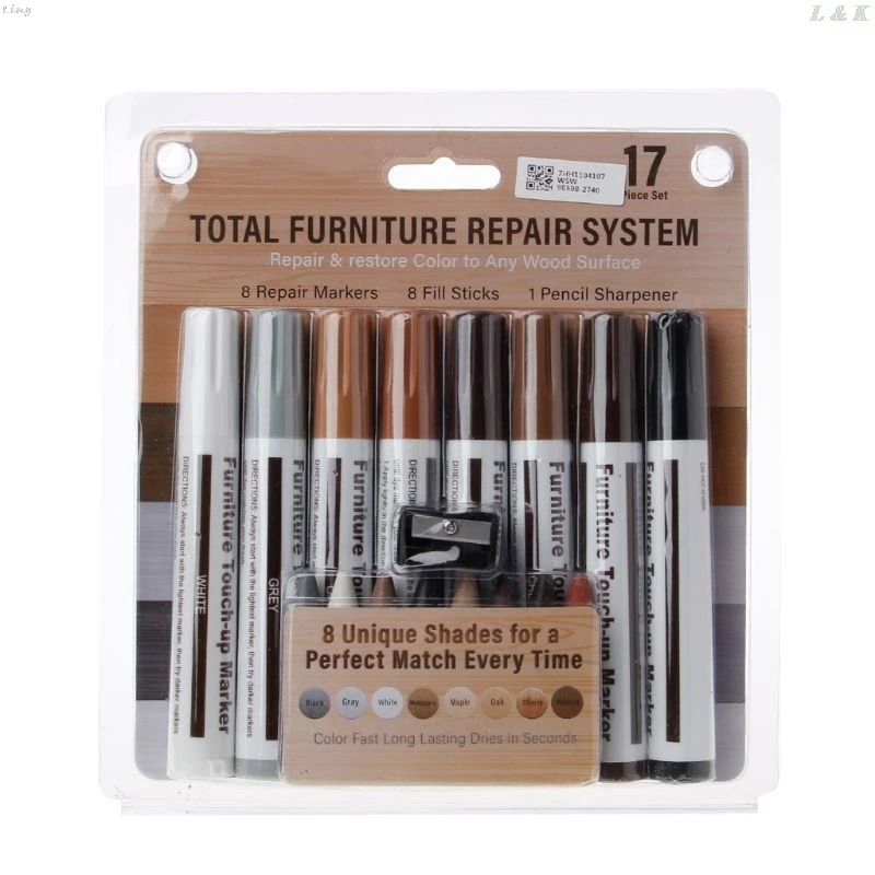 17Pcs Furniture Touch Up Kit Markers & Filler Sticks Wood Scratches Restore Kit l29k