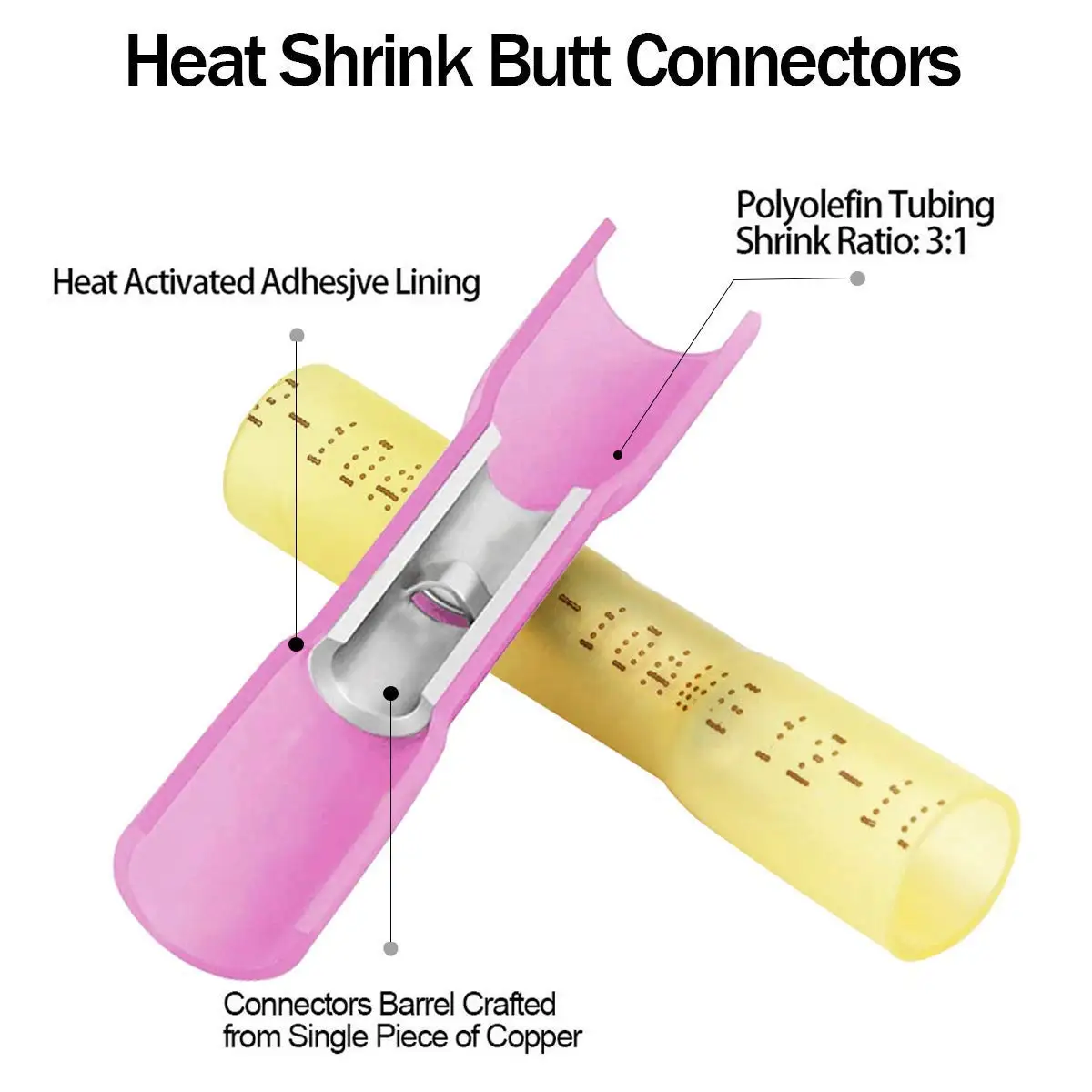 Butt Terminals 10-26AWG Heat Shrink Butt Connectors Kit,5Colour 5Size Waterproof Insulated Electrical Straight Wire Terminal Set