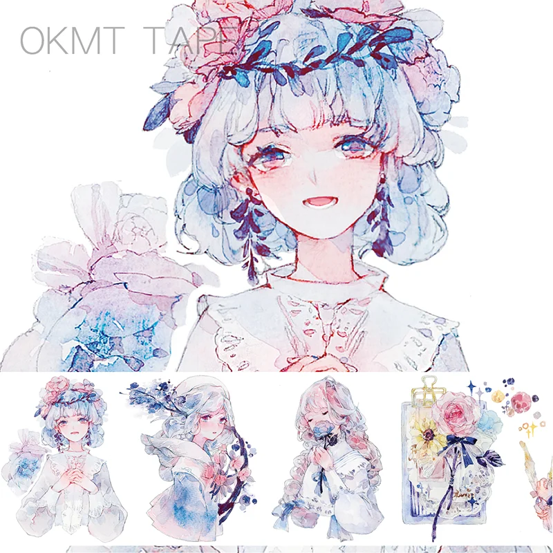 

The Blue Flower Girl Washi Tape Masking Paper Tape Character Gold Powder Blue Decorative Diary Decoration