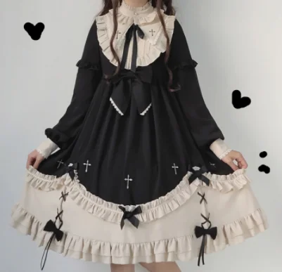 Vestido gótico lolita op loli cos para niña, vestido vintage de lolita dulce, encaje bordado con lazo, soporte de cintura alta, vestido victoriano kawaii