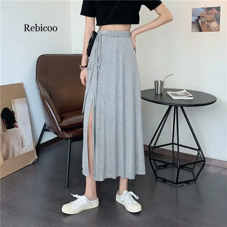 

Side Split High Waist Lace Up Skirt Women Solid Color Casual Fashion Mid Calf Skirts Korean Style Faldas Mujer