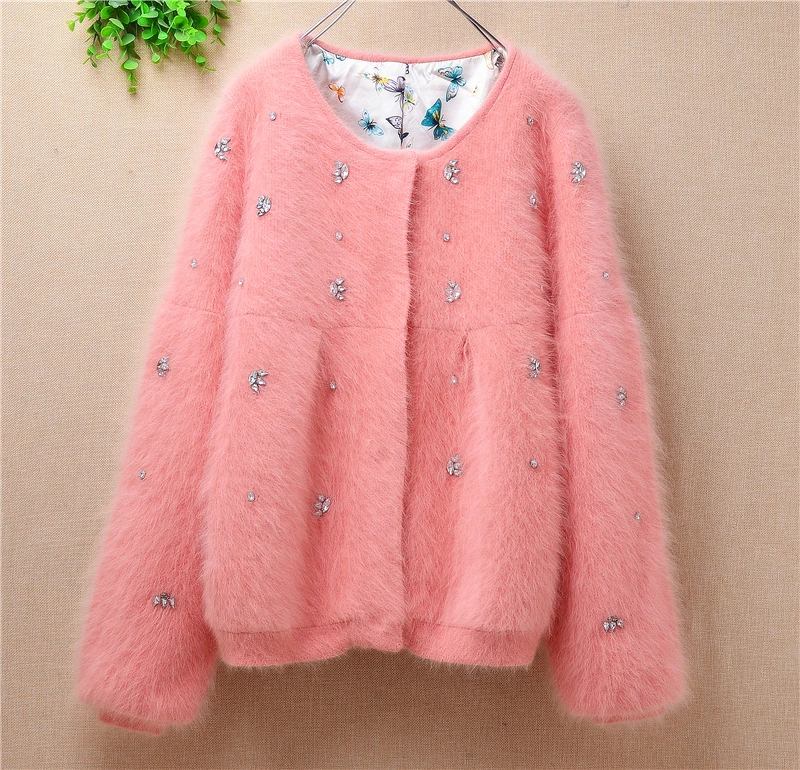 Super sale women korean fashion short mink cashmere beading cardigan long puff sleeve angora fur knitted sweater coat jacket top