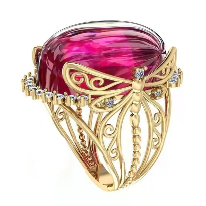 Fashion Gold Color Hollow Out Dragonfly with Big Red Crystal Finger Ring Inlaid Micro Paved Tiny Rhinestone for Women Jewelry