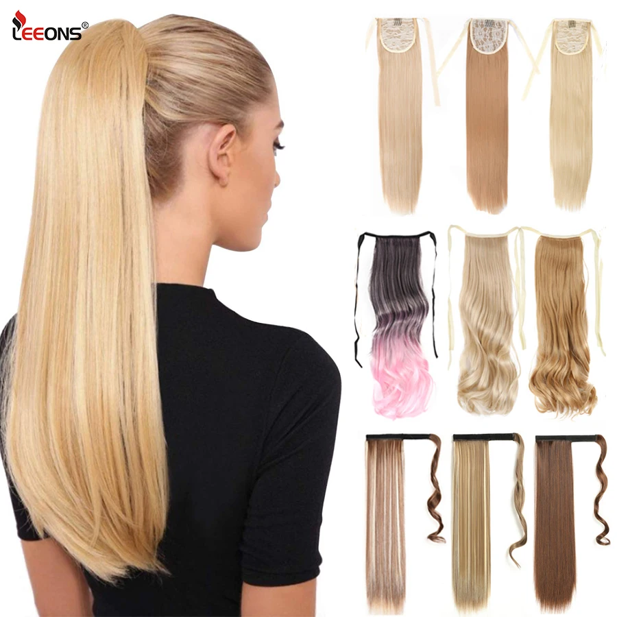 Leeons 22\'\' Synthetic Ponytail Hair pieces Heat Resistant Fiber Straight Ribbon Clip In Hair Extension 21 colors Brown Black