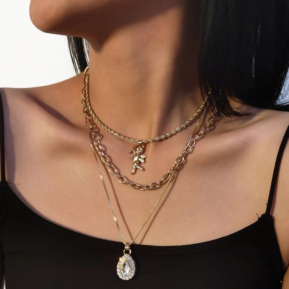 Gold-plate Cupid Crystal Drop Pendant Chain Necklaces For Women 2020 New Fashion Multilevel Female Necklace Jewelry Gift