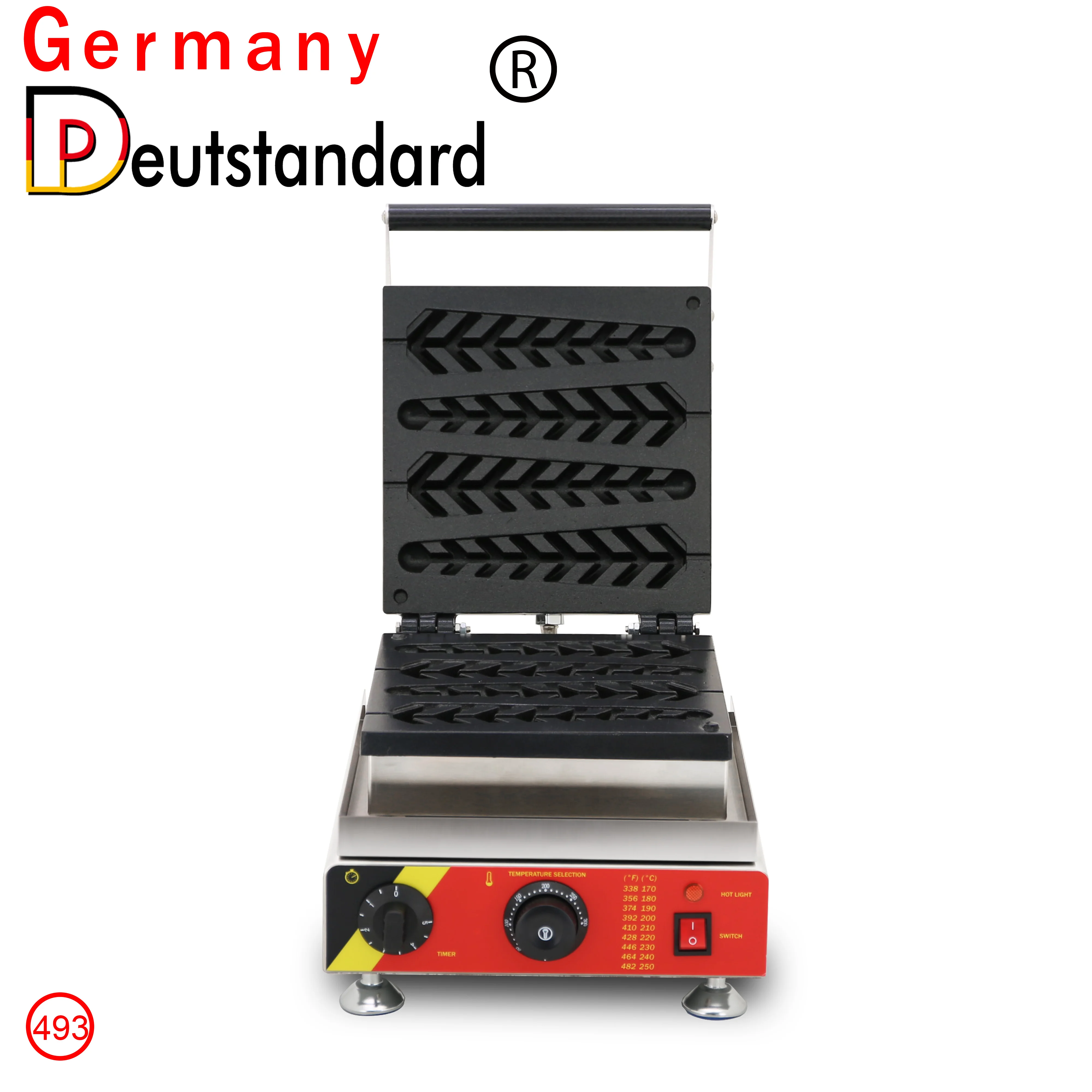 Máquina comercial de lanches, faz comida de rua, elétrica, forma de vara de waffle, máquina de waffle stick com bandeja de óleo, 4 unidades