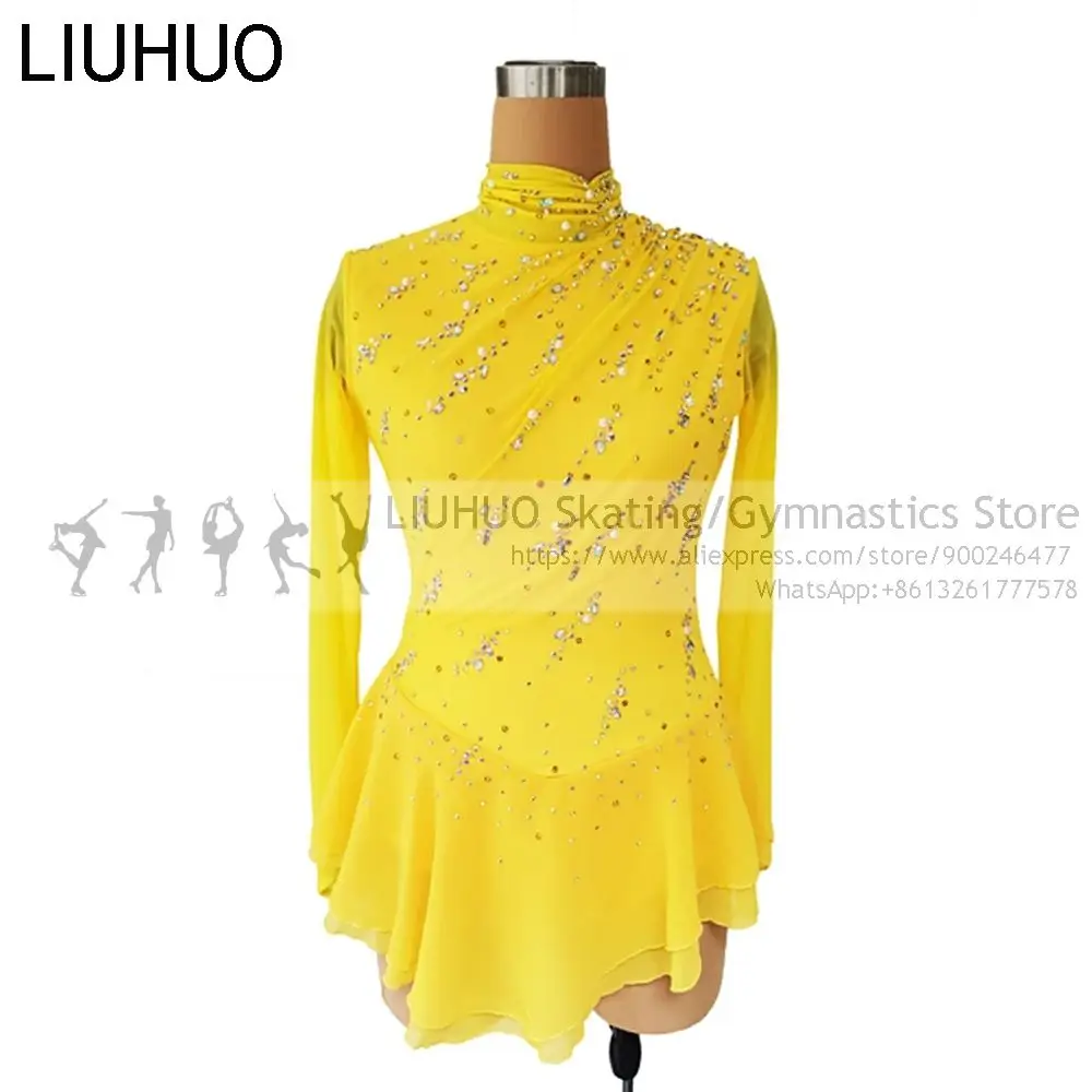 Women's Girls' Figure Skating Dress Yellow Stones Crystals Competition leotards elastic Professional Ice Skating dress kids