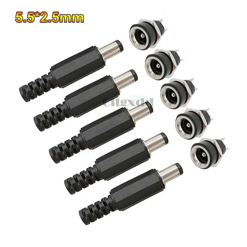 Cltgxdd 10PCS 12V 3A 5.5 x 2.5 mm Plastic Male Plugs + DC Power Jack Female Socket Panel Mount Connector 5.5*2.5 mm