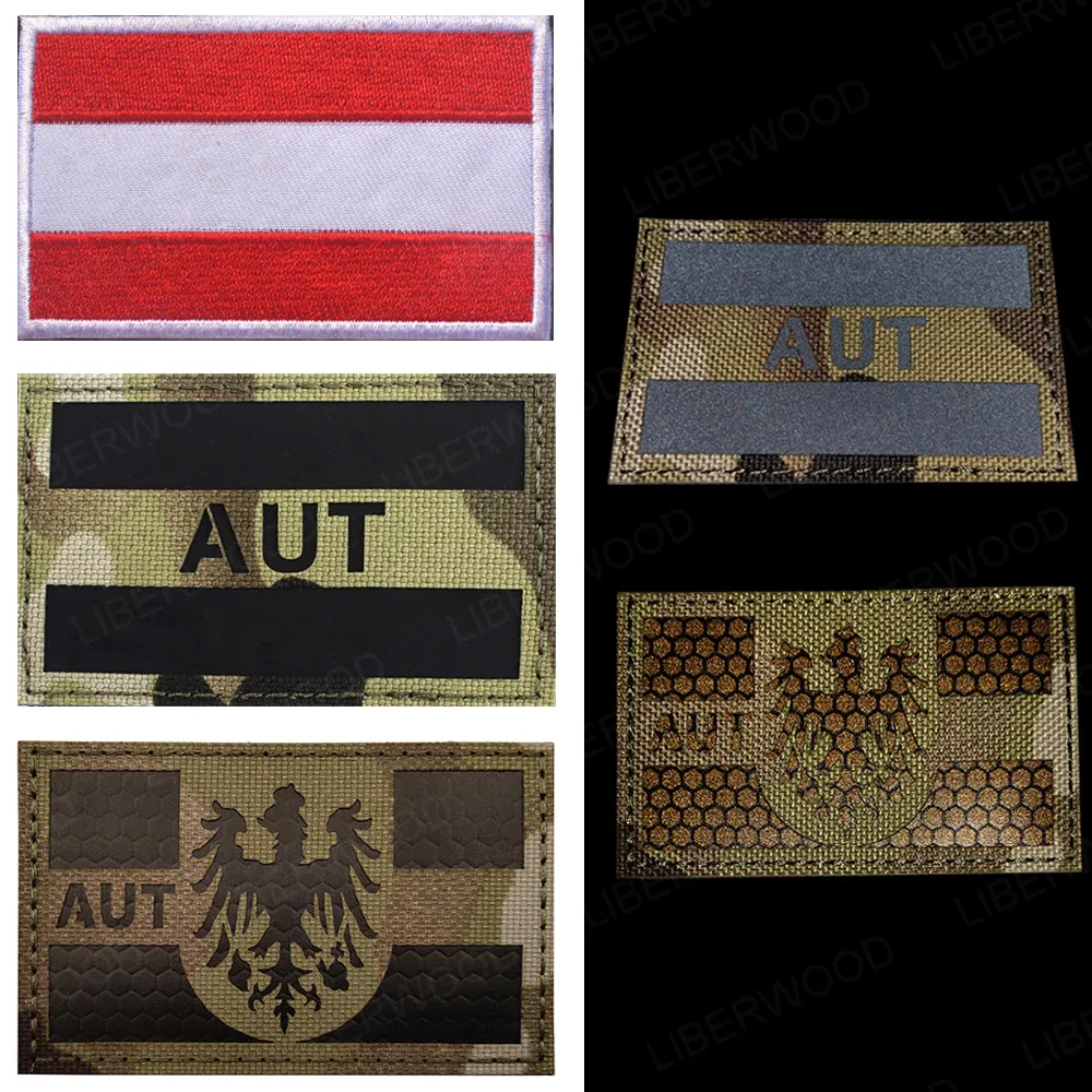 LIBERWOOD Austria Flag Embroidered Military Shoulder Applique Austrian AUT Emblem IR Reflective Patch Tactical Badge