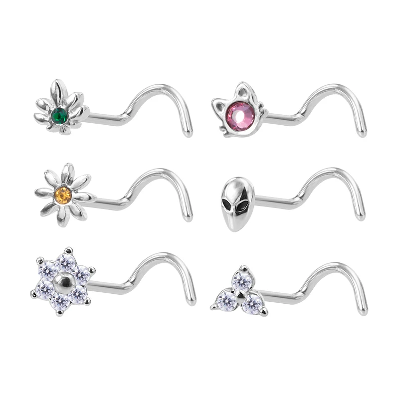 1PC 20g Surgical Steel Nose Stud Ring Nose Piercing for Women Cat Alien Flower Leaf CZ Inlaid Nose Screw Rings Body Jewelry Gift