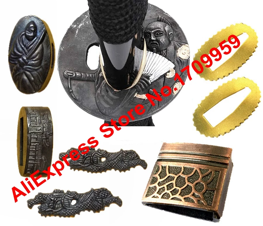 A Set Samurai Theme Fittings for Katana/Wakizashi/Tanto Sword Guard Accessory Tsuba+Menuki+Fuchi+Kashira+Handle+Habaki+Seppa