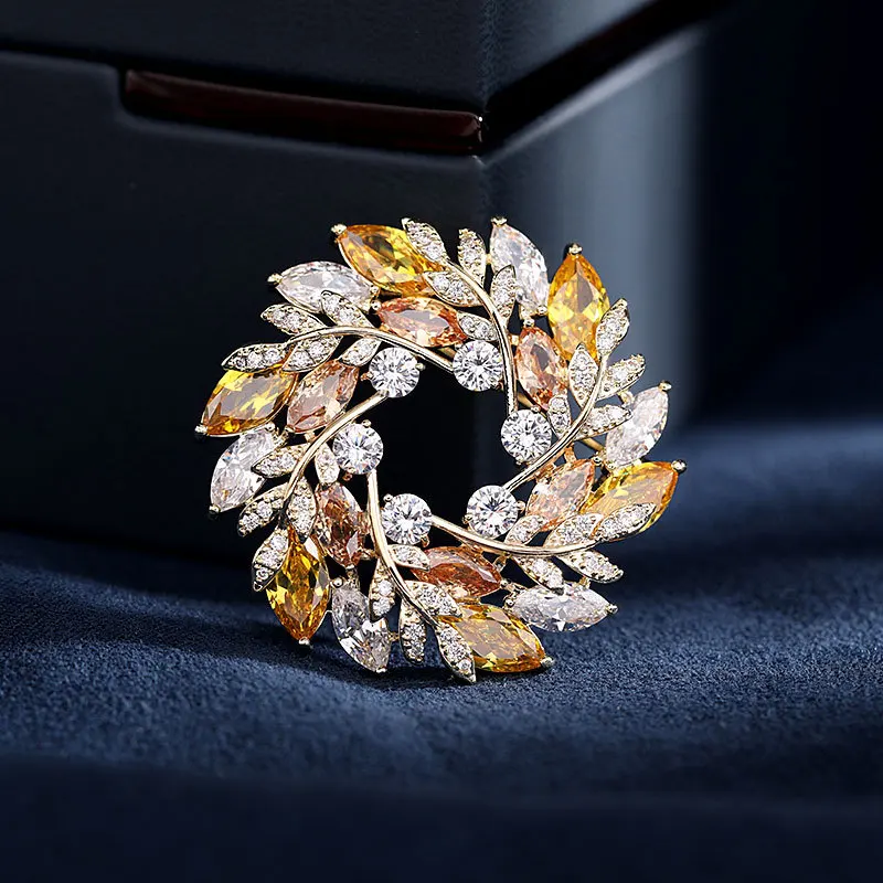 EYER Luxury Gift Zircon Circle Round Brooches Copper Women Suit Lapel Pin Office Jewelry Shining Female Party Banquet Accessory