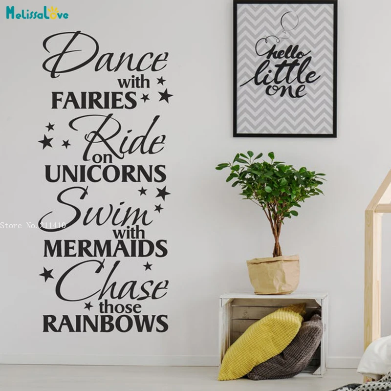 Dance With Fairies Ride On Unicorns Wall Sticker Art Decal Home Décor Princess Bedroom Ideas Vinyl Word Poster YT4077