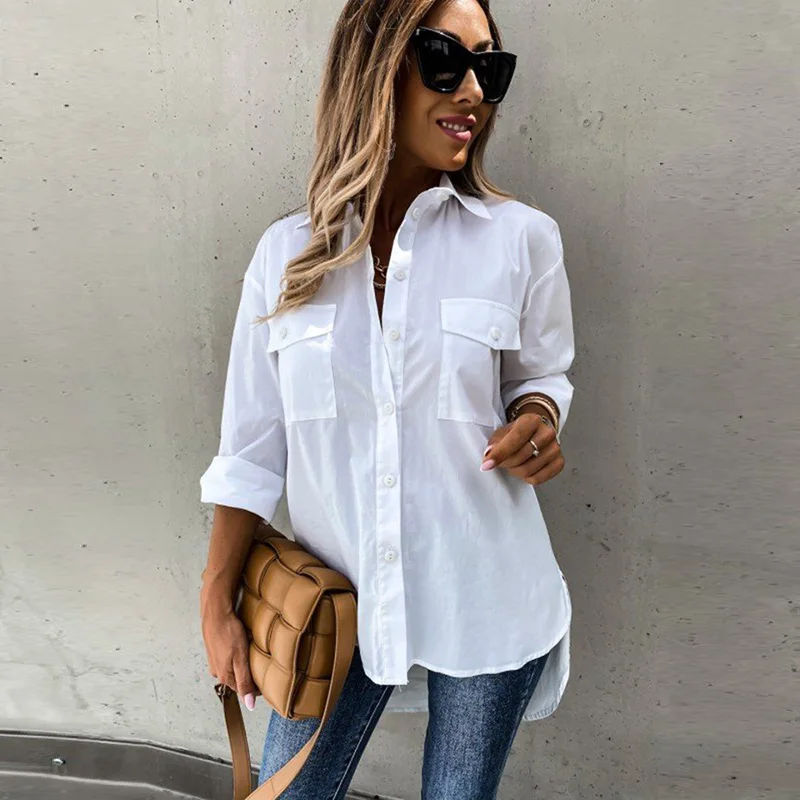 Women Casual Long Sleeve Pockets Lapel Shirts Elegant White Blouses Vintage Harajuku Button Loose Tops Irregular Tunic Autumn