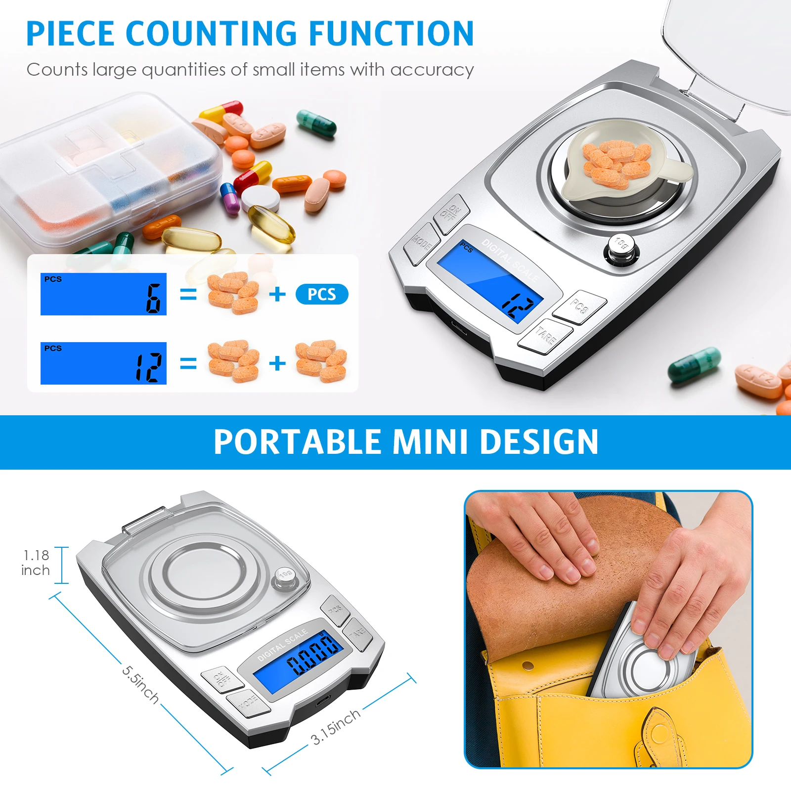 0.001g Digital Electronic Scales 100g/50g USB Charging Precision Powder Jewelry Scale Mini Pocket Milligram Scale