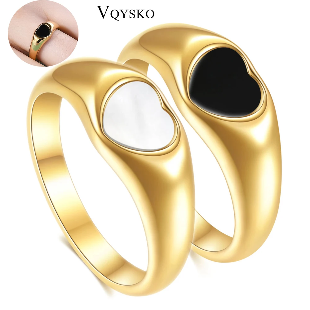 Black Enamel Statement Heart Pinky Ring For Women Valentine Day Gift Stainless Steel White Shell Anillo Mujer Jewelry Accessory