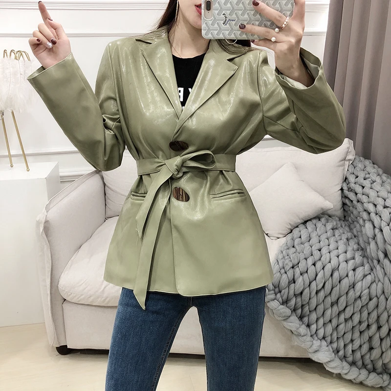 Fashion glossy pu leather jacket female bright shining pu leather outerwear green apricot leather jackets with belt F350