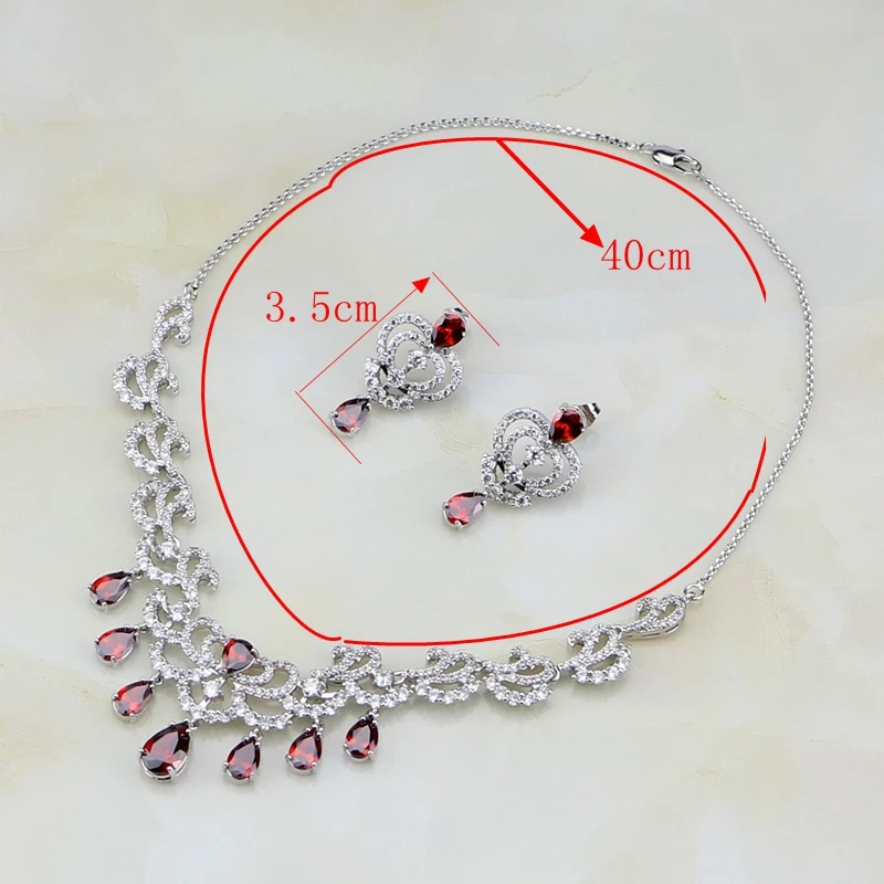 Water Drop Red Cubic Zirconia White CZ Silver 925 Jewelry Set For Women Wedding Earrings Necklace/Earrings 2PCS