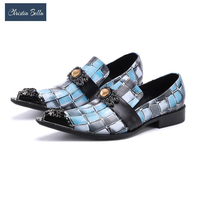 

Fashion Gingham Pattern Party Men Shoes Metal Pointed Toe Brogue Banquet Leather Shoes Man Plus Size Business Oxfords Shoes