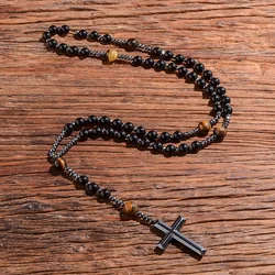 Black Onyx Yellow Tiger Eyes Beaded Catholic Christian Cross Pendant Necklace Mala Meditation Jewelry Men and Women Rosary