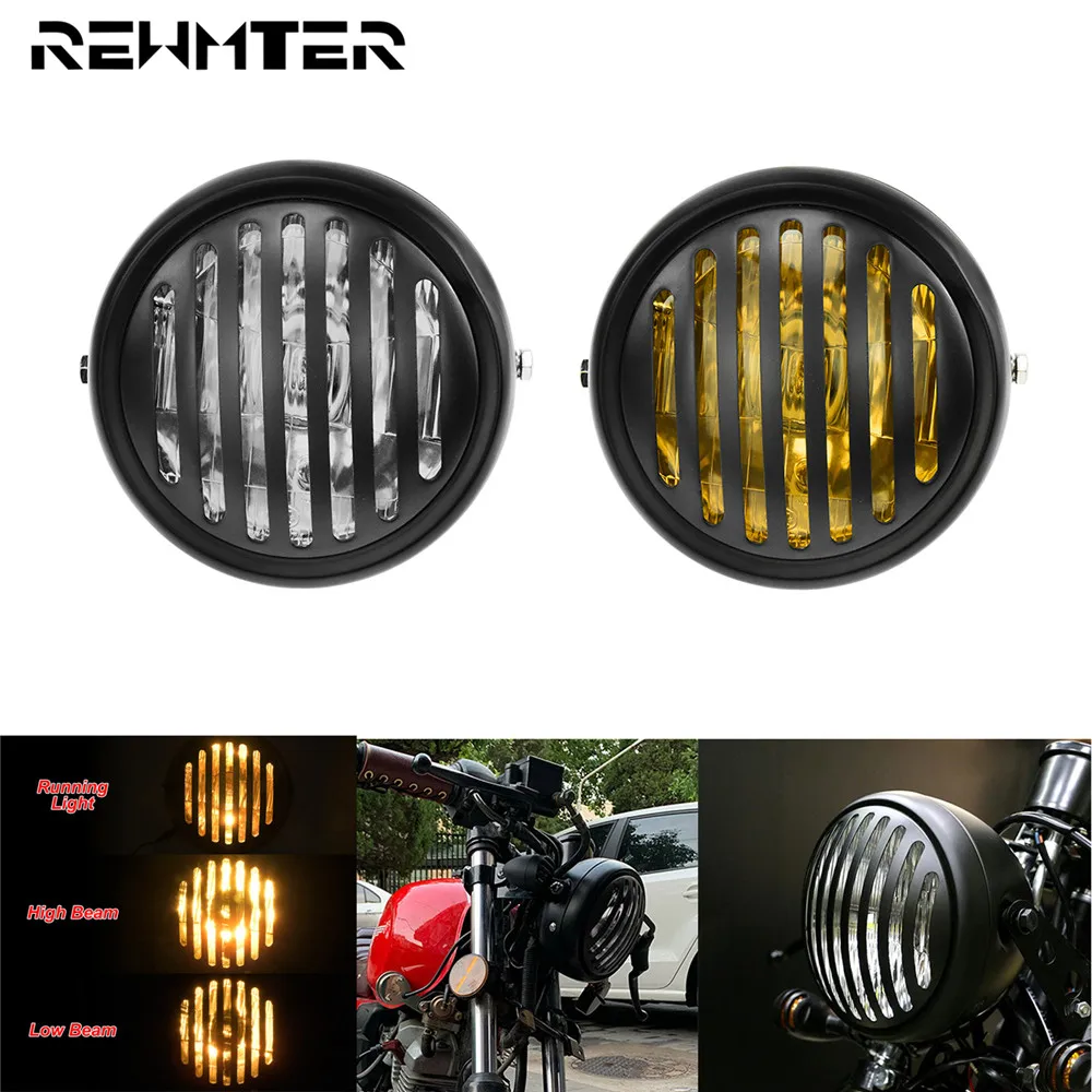 Motorcycle 6.3'' Cafe Racer Retro Headlights High Low Beam Grill Headlamp Amber Light For Harley Sportster Choppers Bobber FLHR