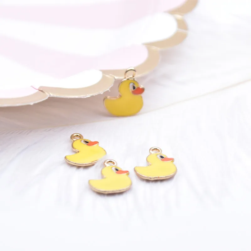 10pcs Enamel Little Yellow Duck Charms Pendants Cute Duck Dangle For Bracelet Earring Fashion Jewelry DIY Material Golden Base