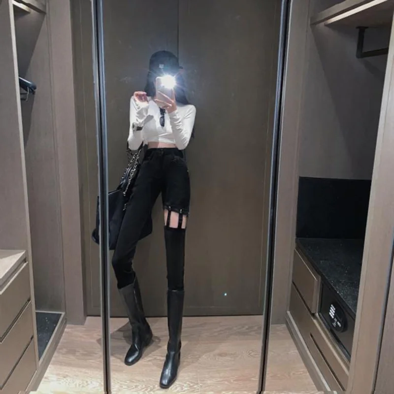 2021 Spring Autumn New Arrivals High Waist Hollow Out Black Denim Long Skiny Pencil Pants Women Streetwear Jeans Female Trousers