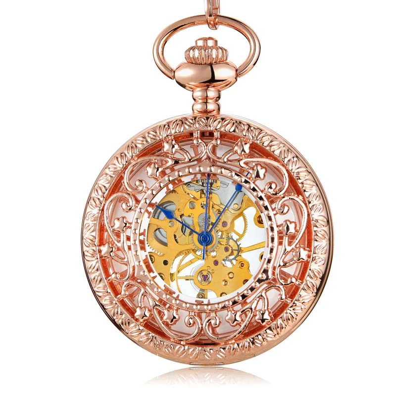 Antique Rose Gold Mechanical Pocket Watch With Chain Steampunk Skeleton Hollow Hand-winding Pendant Clock Men Women Best Gifts