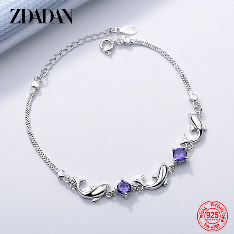 ZDADAN 925 Sterling Silver Little Dolphin Amethyst Charm Bracelet Chain For Women Fashion Party Jewelry Gift