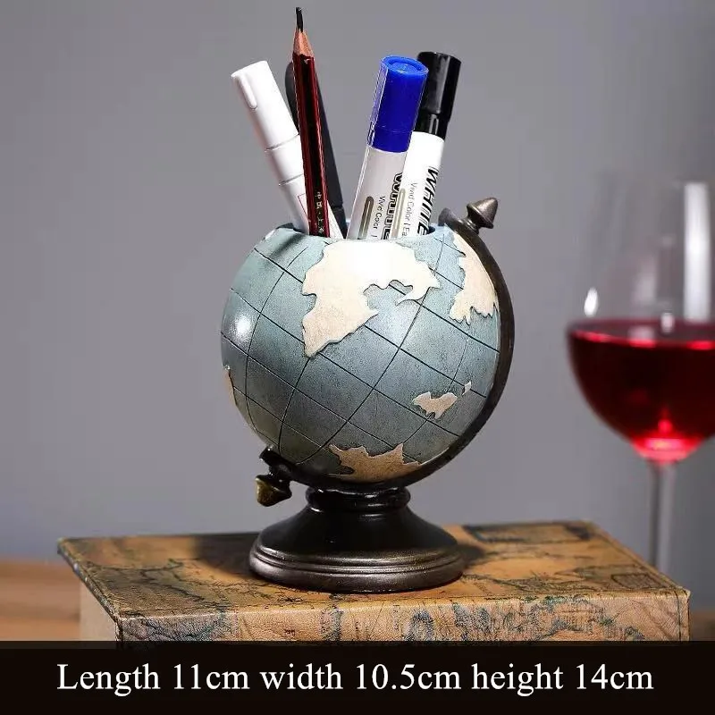 Vintage Globe Resin Pen Holder Desk Organizer Makeup Brush Storage Holder Display Desktop Ornament Office School Stationery Gift