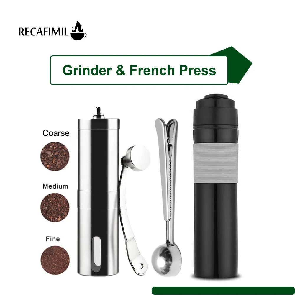 RECAFIMIL French Press Maker Portable for Coffee & Tea 350Ml manual Grinder Spoon Clip for Coffee Bean Bag Coffee Bottle