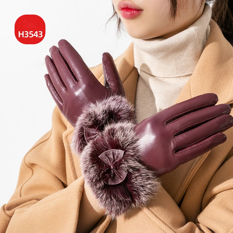 

Real Leather Gloves Female Autumn Winter Plus Velvet Thicken Driving Sheepskin Thermal Touchscreen Rabbit Fur Women Gloves H3535