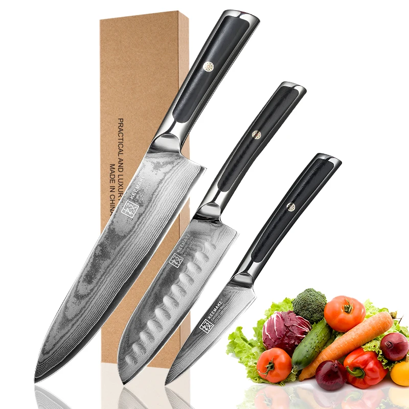 

KEEMAKE Damascus Steel Chef Knife Set G10 Handle Sharp Japanese VG10 Blade Chef Santoku Paring Knife Fruit Meat Fish Too Cutter