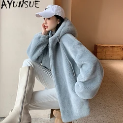 AYUNSUE Real Sheep Shearling Fur Coat Female Winter 2021 Hooded Wool Coat Women Warm Thick Jackets Casual Casaco Feminino Gxy196