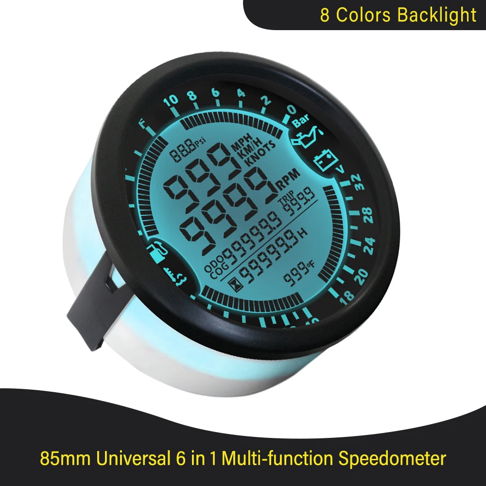 Nowy wielofunkcyjny miernik 6 w 1 Samochodowy łódź 85 mm GPS Prędkościomierz Ciężarówka Łódź Cyfrowy LCD Prędkościomierz Tachometr 0-10Bar