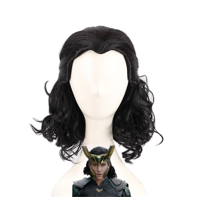 Perruque de Cosplay Loki Noir Bouclé avec Bonnet, Cheveux Synthétiques, Degré de Chaleur, Bande Dessinée, Loptr Py Olay, ix, Avengers