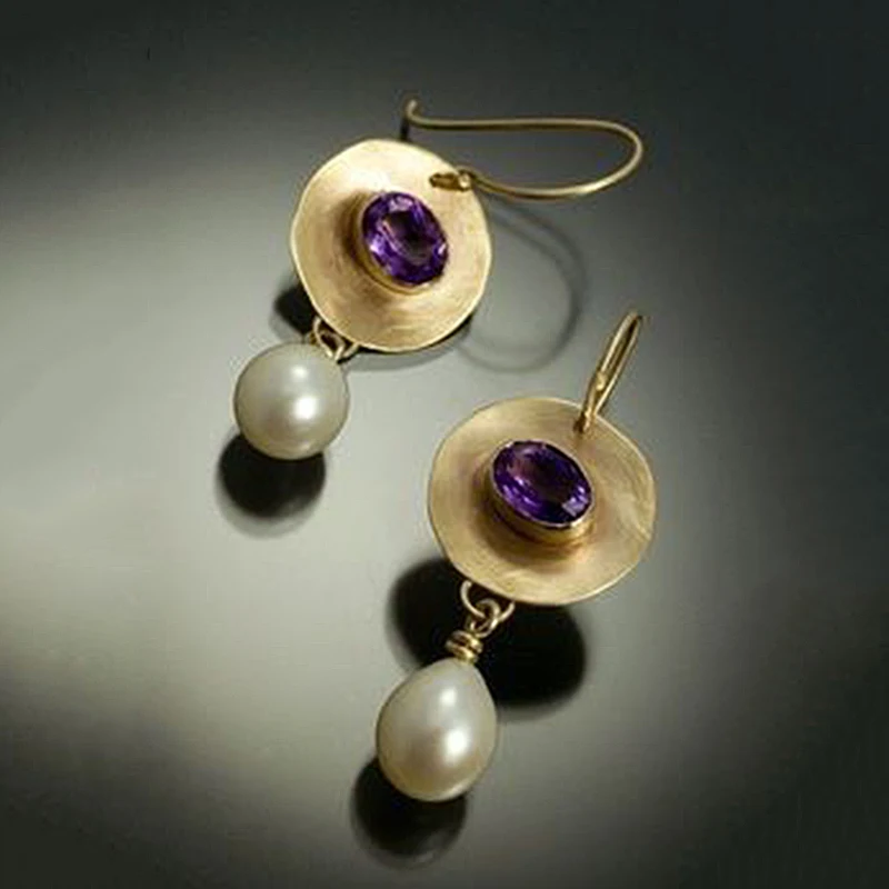 Vintage Gold Color Simulated Pearl Earrings Purple Stone Disc Pendant Dangle Earring For Women Elegant Fashion Jewelry O3D279