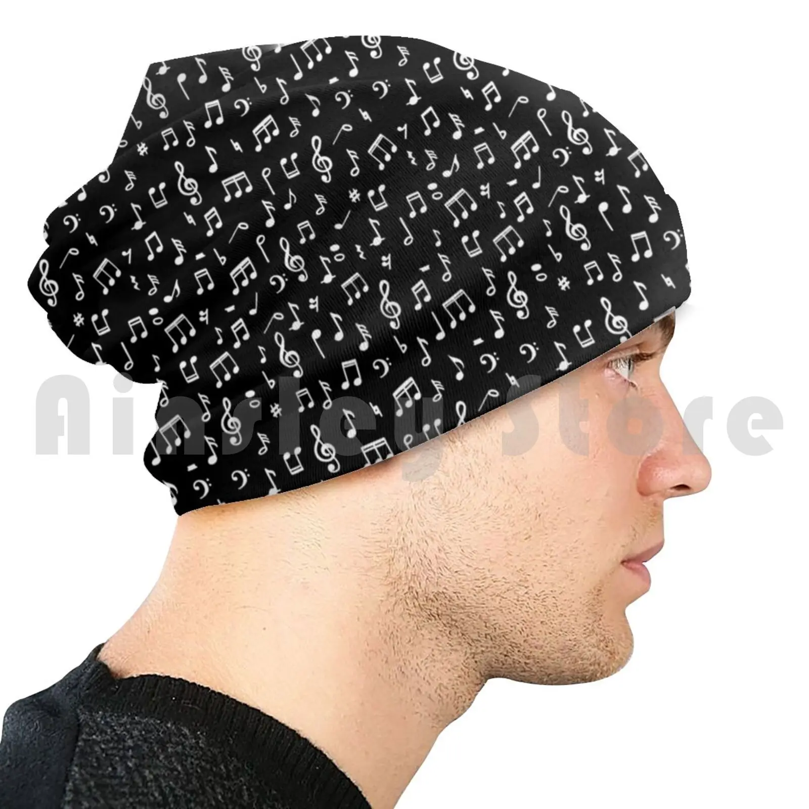 Music Notes In Black Background Beanie Hedging Cap DIY Print Cushion Music Note Music Notes Sound Black And White Cool