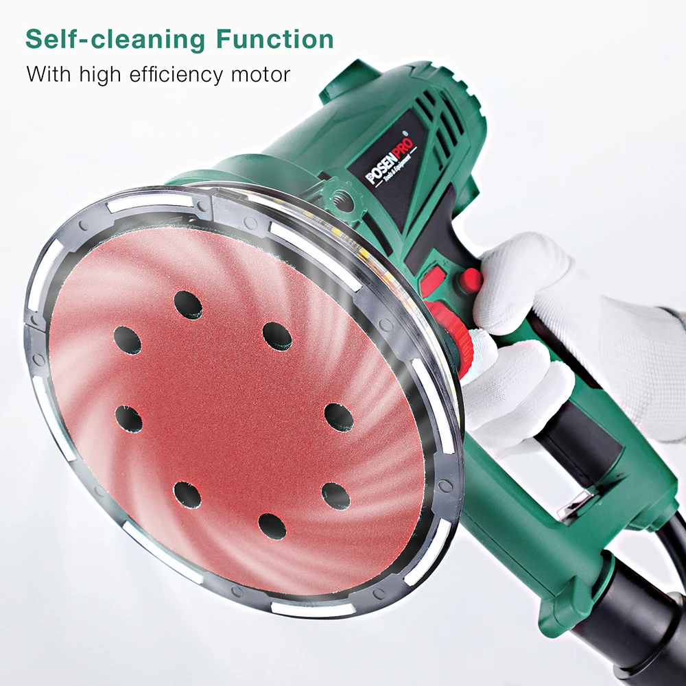 750W 180mm Dry Wall Sander Vacuum Wall Polisher Variable Speed Handheld 6pcs Sanding Machine Dust Hose Sanding Paper LED Light