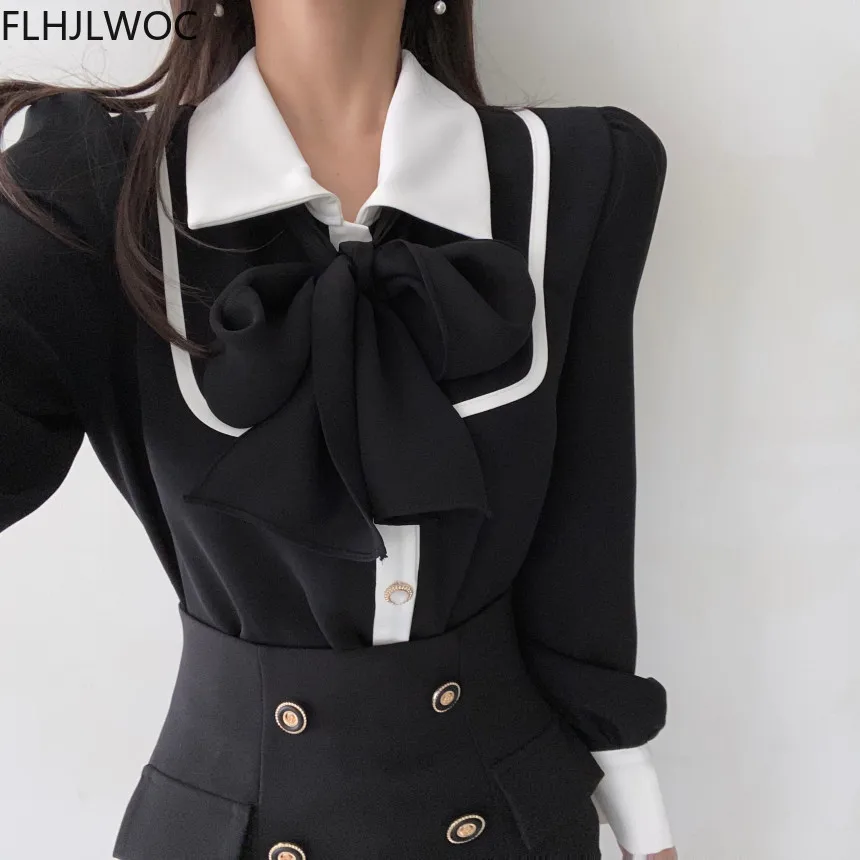 Women\'s Cute Bow Tie Tops Preppy Style Vintage Japan Korea Design Single Breasted Button Elegant Formal Red Black Shirts Blouses