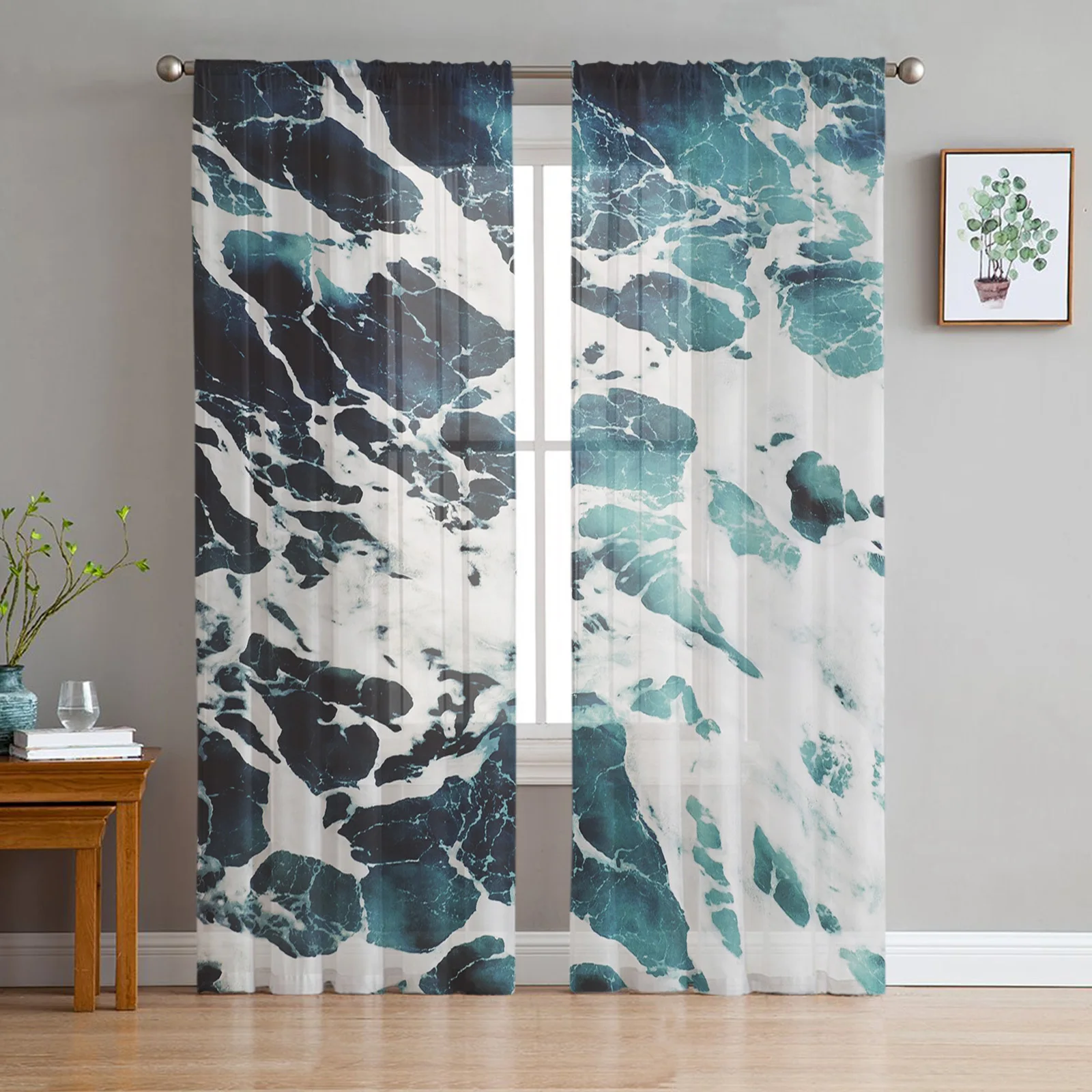 

Summer Blue Ocean Waves Sheer Curtains for Living Room Bedroom Kitchen Chiffon Tulle Curtains Home Hotel Coffee Decor